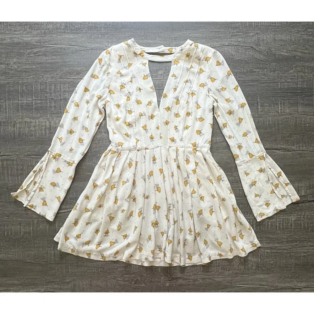 Free People Womens Tegan Long Bell Sleeve Floral Printed Boho Mini Dress Size 2 - Picture 2 of 13